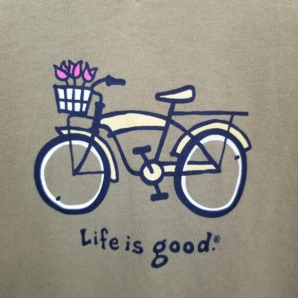 Life Is Good Army Green Bicycle V-Neck Cotton T-Shirt Women's Size XL - Picture 2 of 6